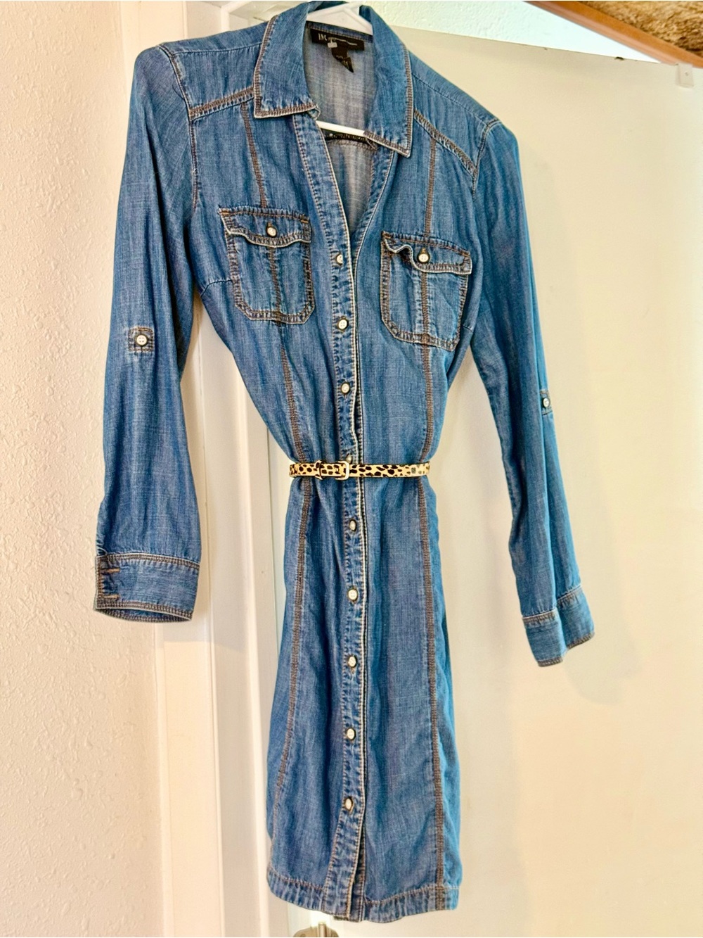Button-Front Blue Denim Midi Shirt Dress Leopard Belt Not Included